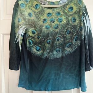 Elegant Peacock Feather Print Blouse with subtle sparkles